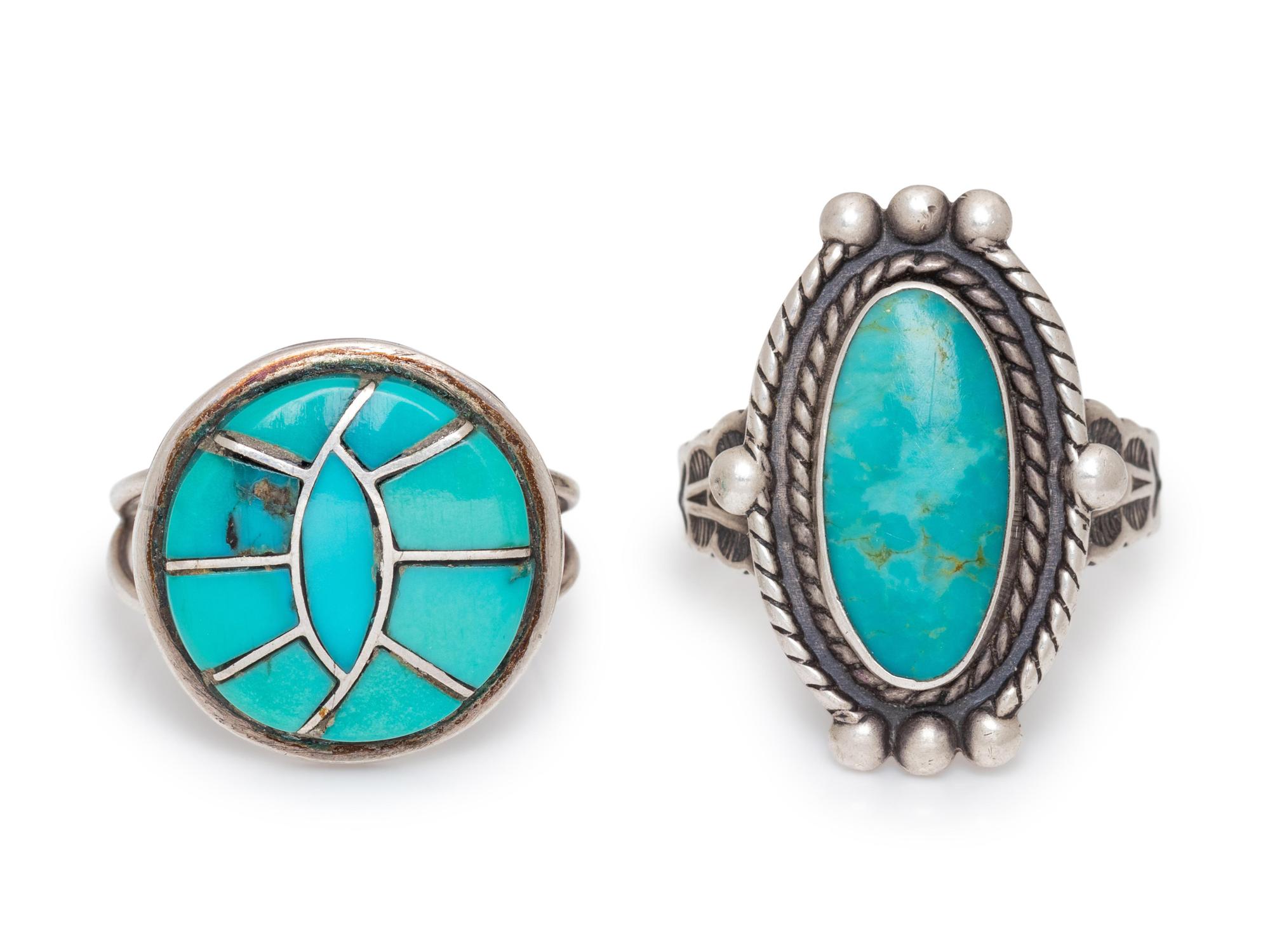 A Collection of Sterling Silver and Turquoise Rings,