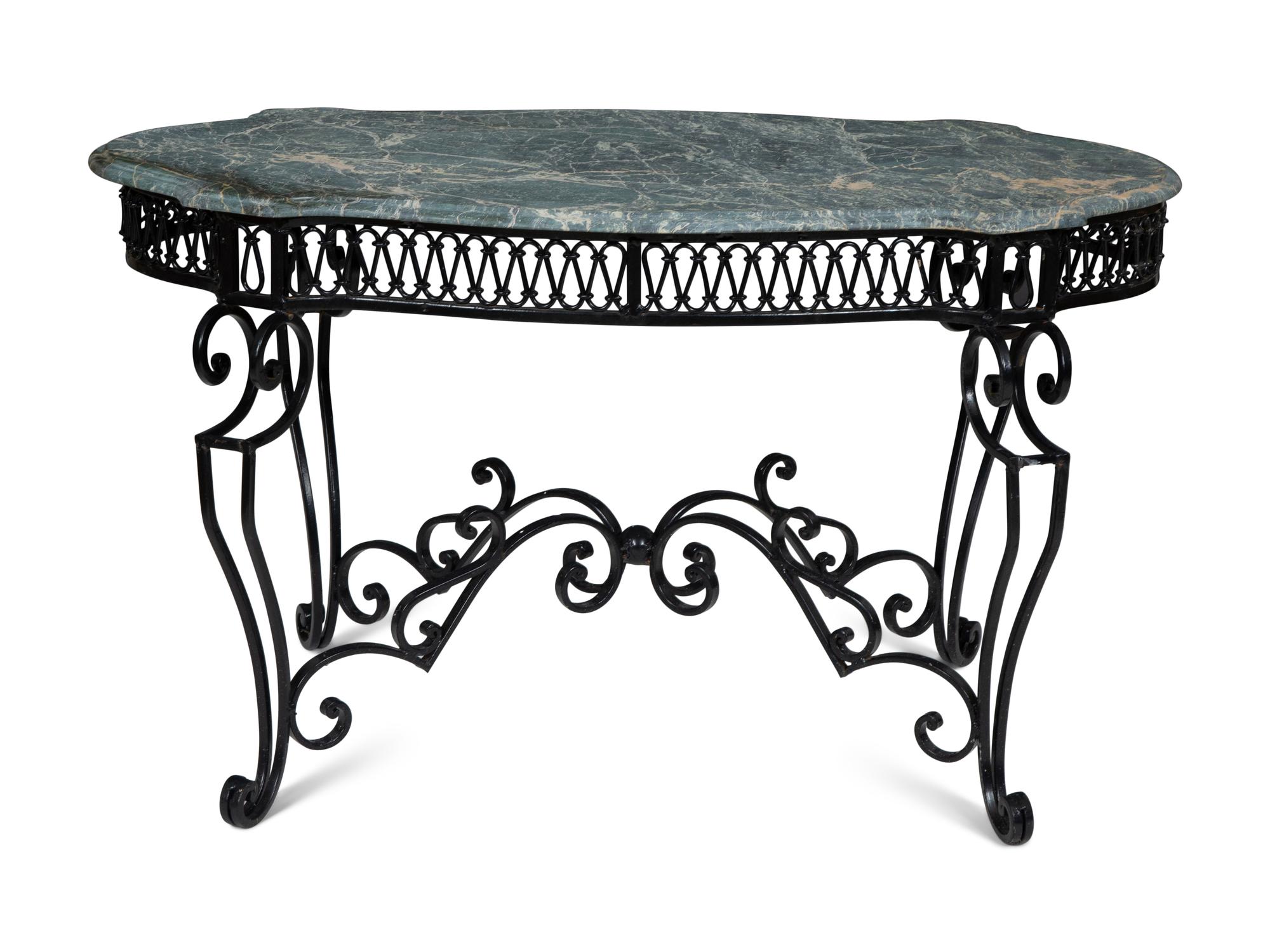 A Wrought Iron Marble-Top Side Table