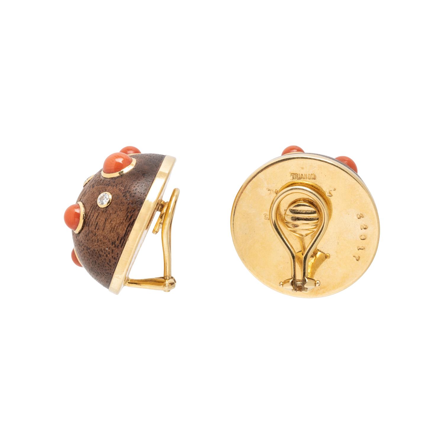 TRIANON, WOOD, CORAL AND DIAMOND CLIP EARRINGS