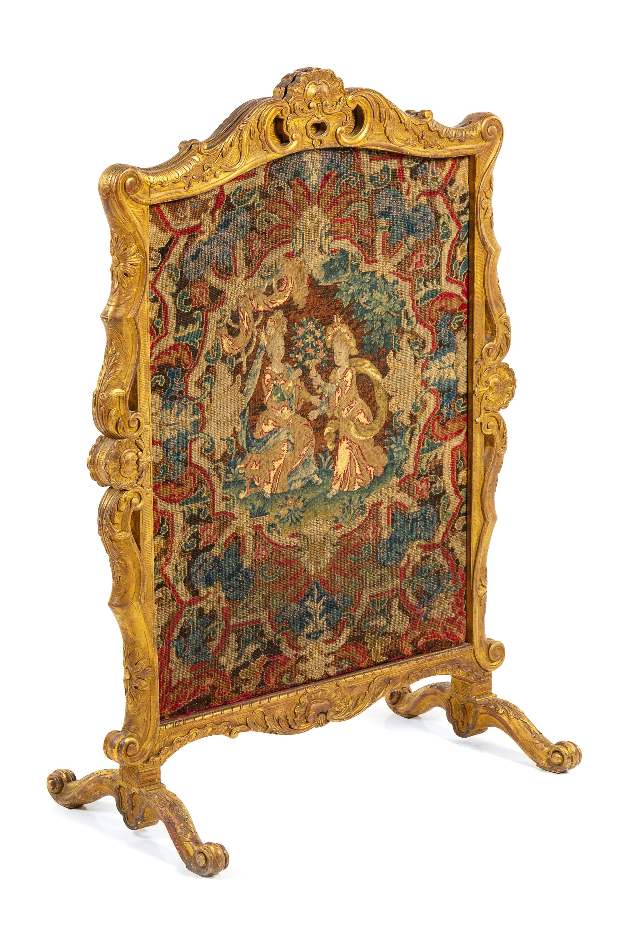 A Louis XV Style Needlepoint and Petit Point Inset Giltwood Screen Height 43 3/8 x width 30 1/2 inches. — 19TH CENTURY