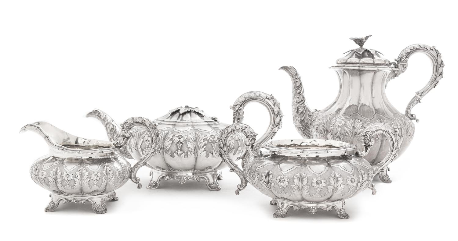 A Regency Silver Tea and Coffee Service, Rebecca Emes & Edward Barnard I, London, 1827-1828, comprising a teapot, a coffee pot, a cream