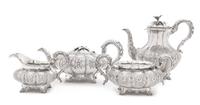 A Regency Silver Tea and Coffee Service, Rebecca Emes & Edward Barnard I, London, 1827-1828, comprising a teapot, a coffee pot, a cream