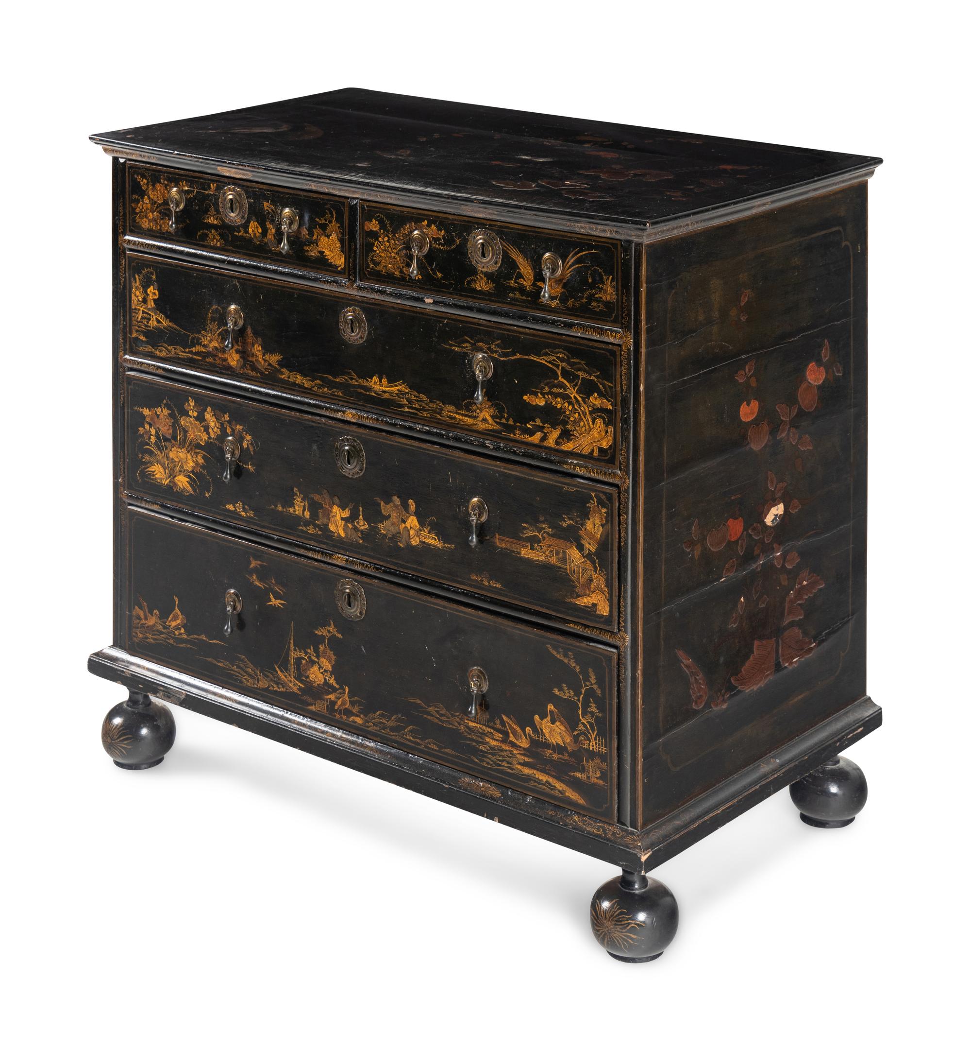 A William and Mary Black and Gilt-Japanned Chest of Drawers