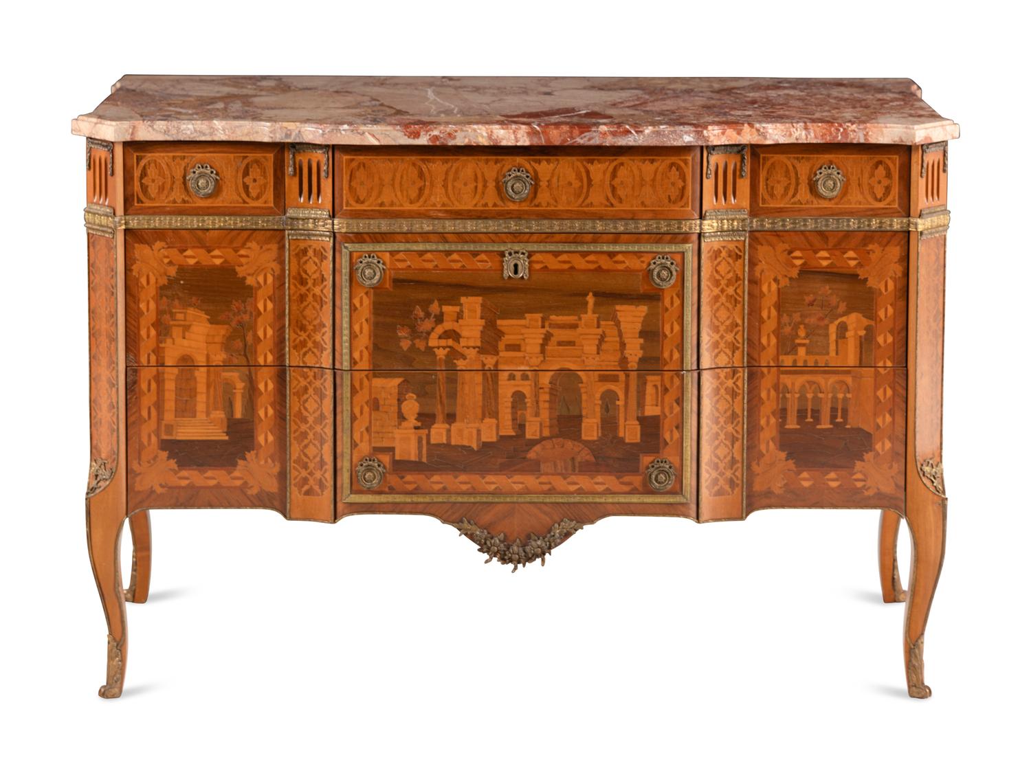 An Italian Marquetry Marble-Top Commode