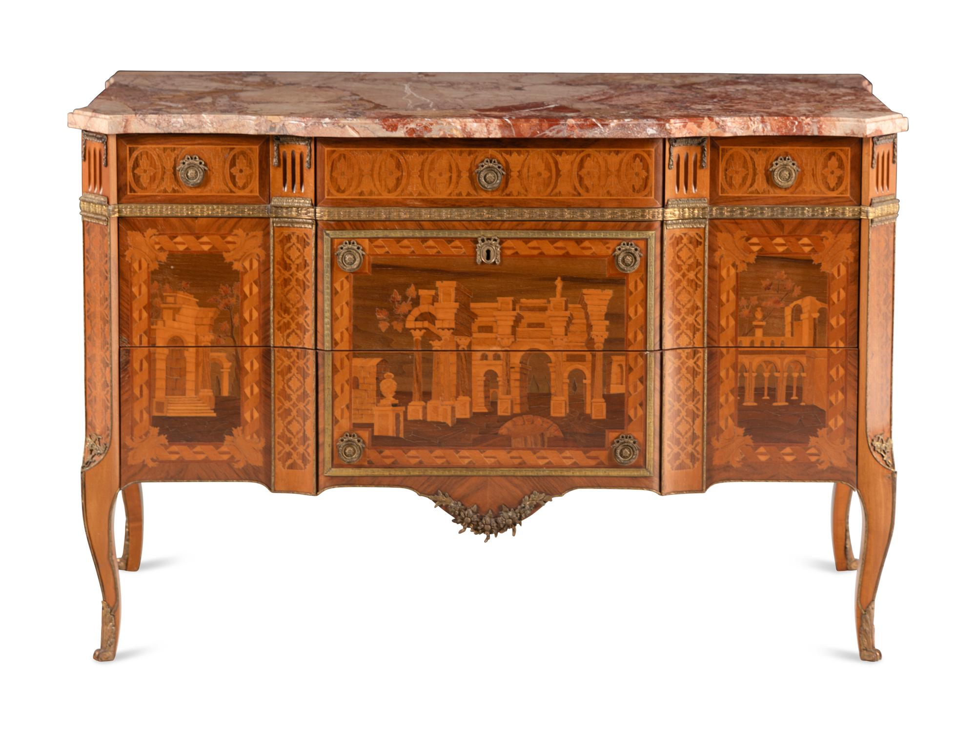 An Italian Marquetry Marble-Top Commode