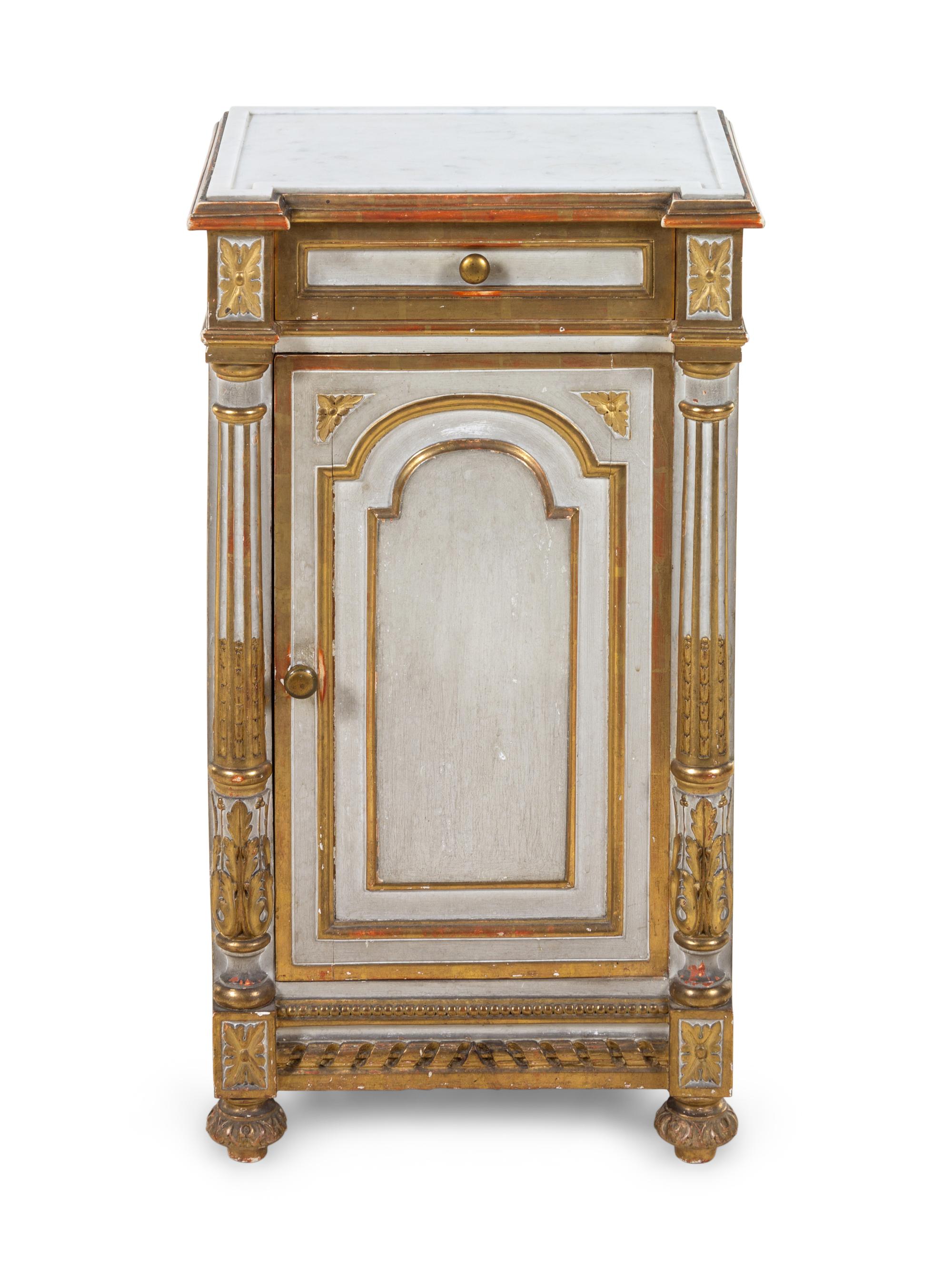 A French Painted and Parcel Gilt Marble-Top Side Cabinet