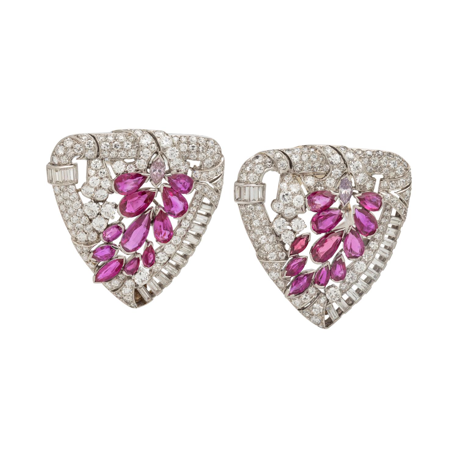 DIAMOND, PINK DIAMOND AND RUBY DOUBLE CLIP BROOCH