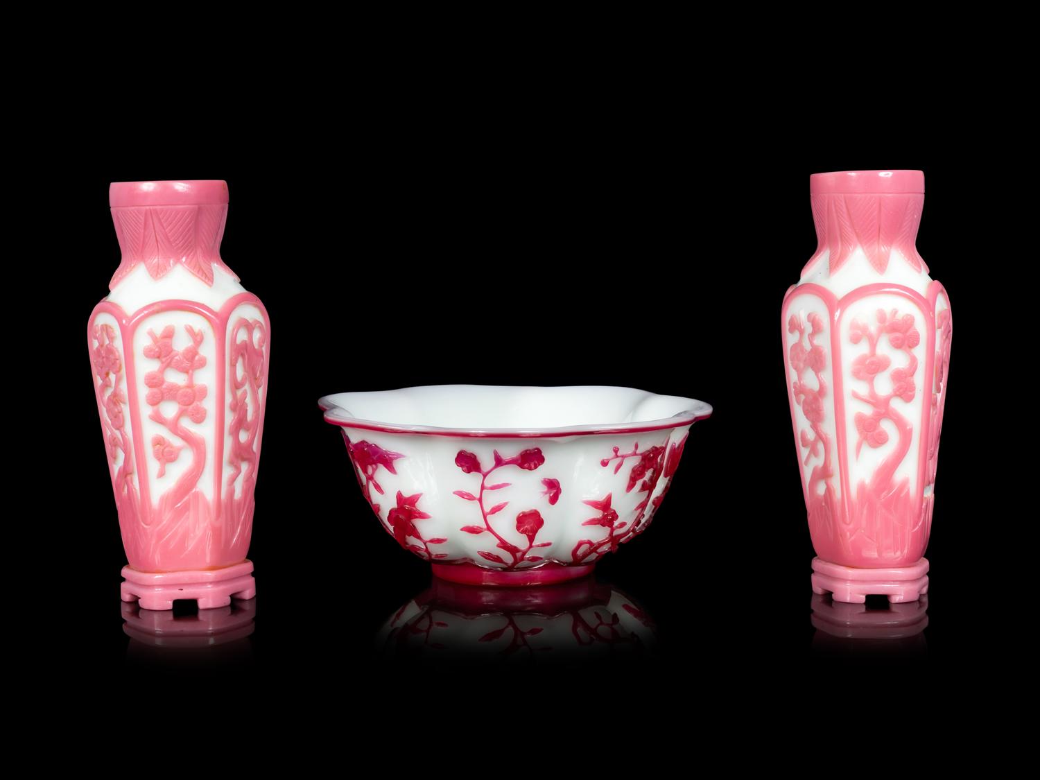 Three Chinese Opaque White Pink Overlay Glass Articles