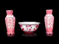 Three Chinese Opaque White Pink Overlay Glass Articles