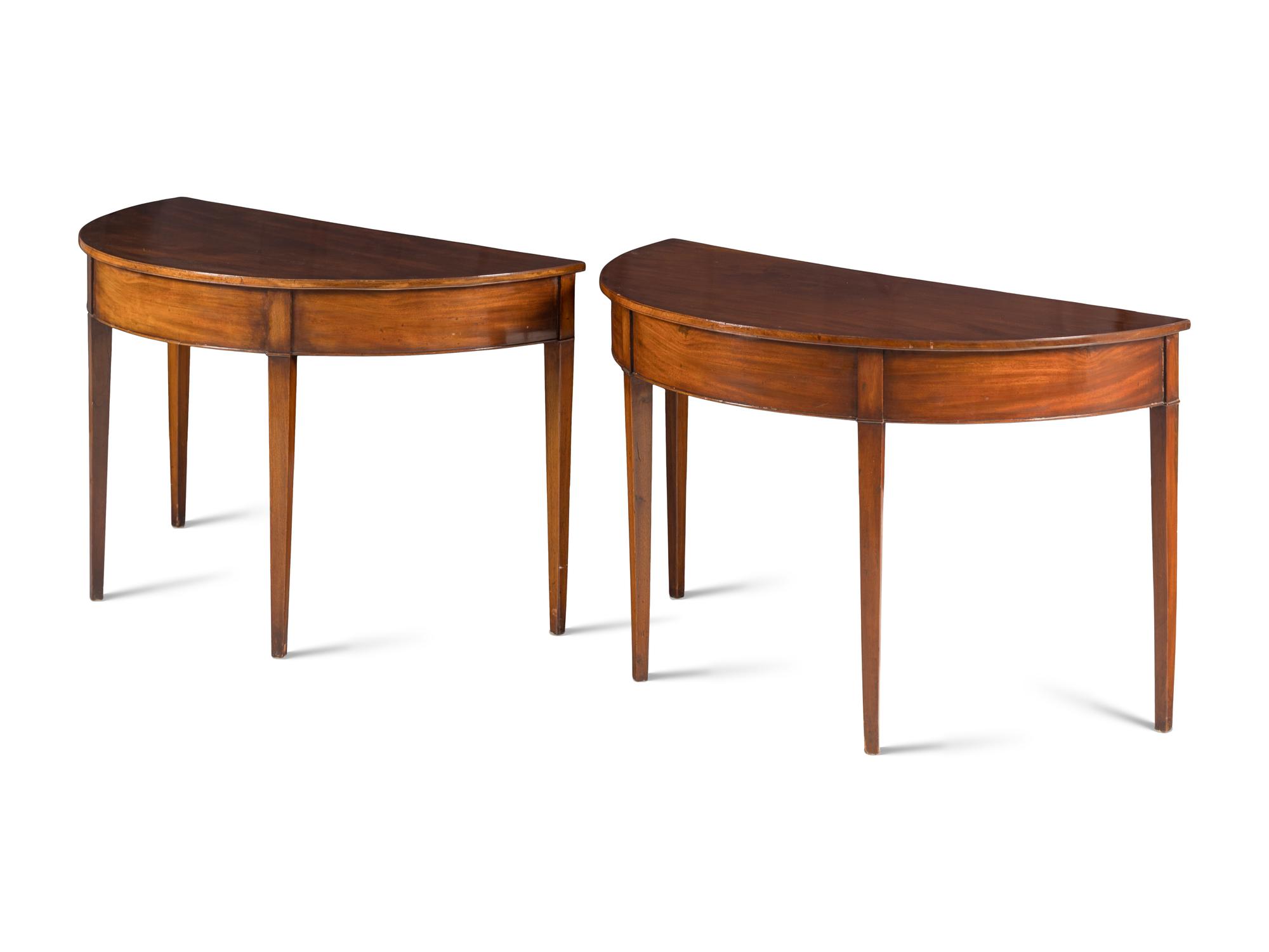 A Pair of George III Mahogany Demilune Console Tables
