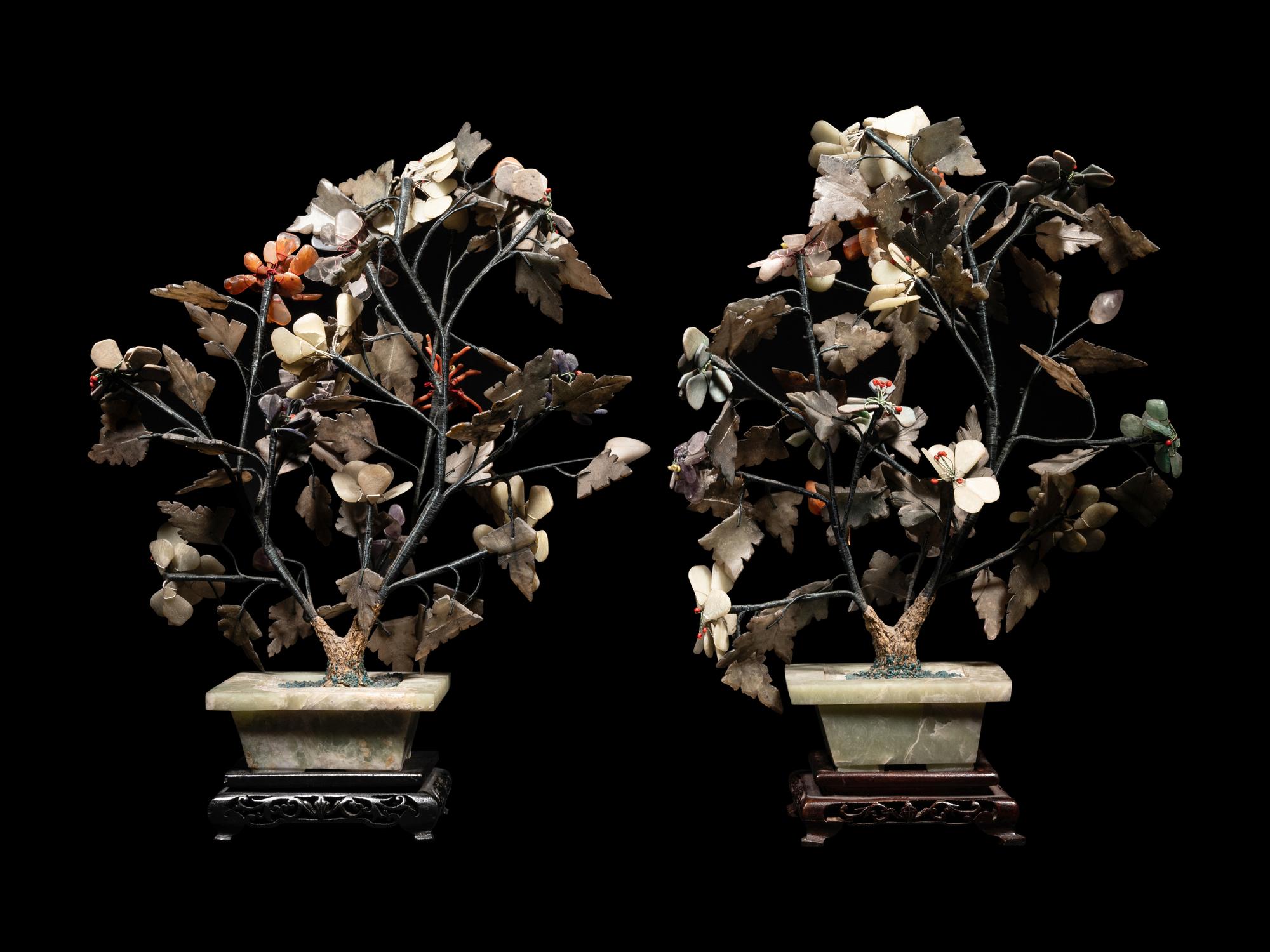 A Pair of Chinese Hardstone and Glass Plants