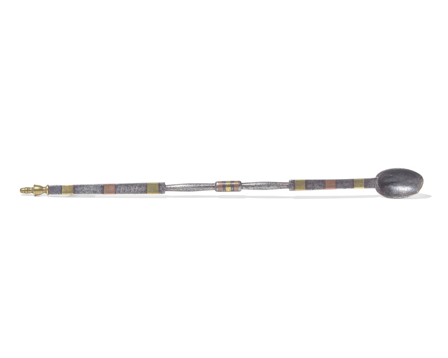 A Copper and Brass-Inlaid Wrought Iron Tasting Spoon, European, 18th Century