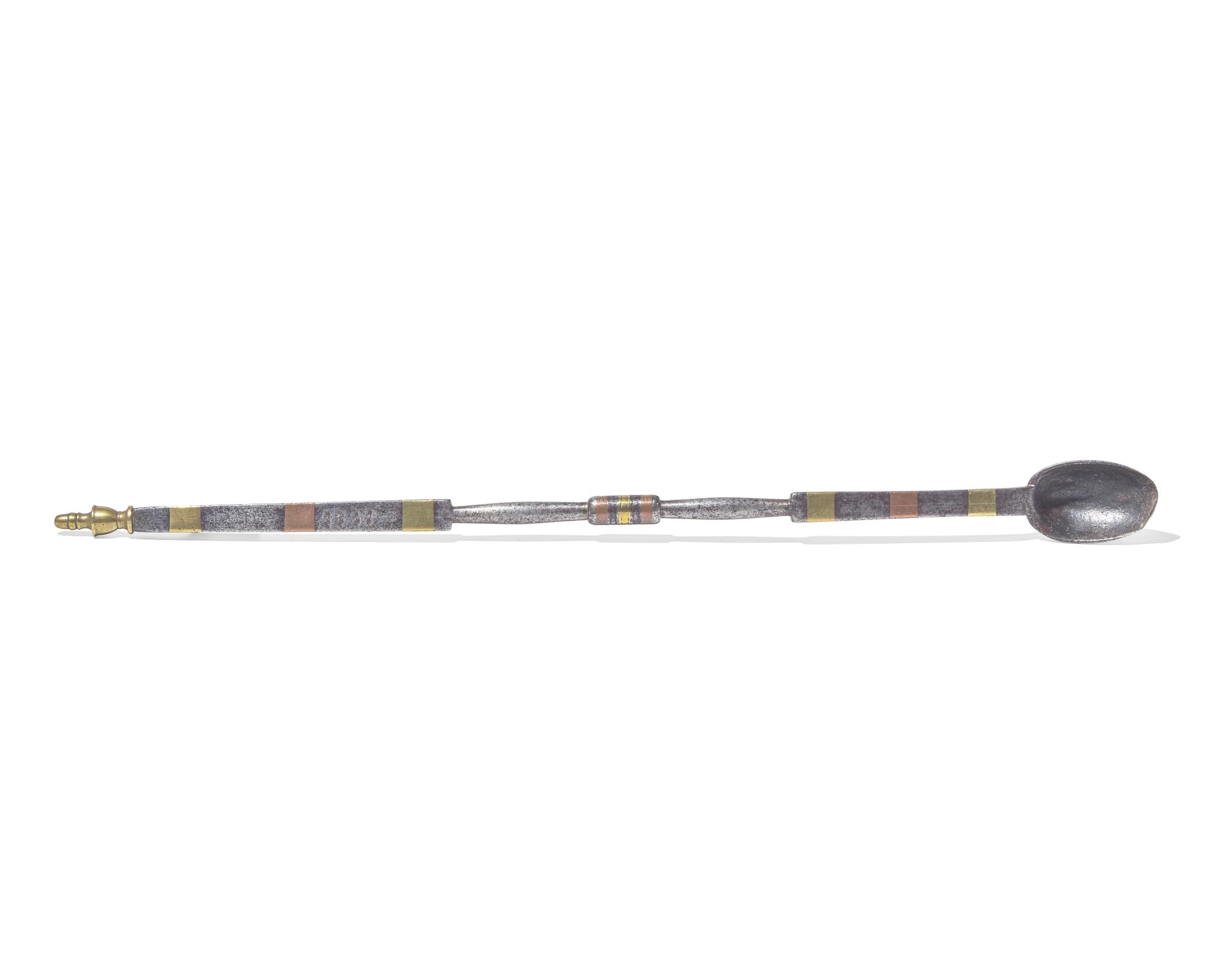 A Copper and Brass-Inlaid Wrought Iron Tasting Spoon, European, 18th Century