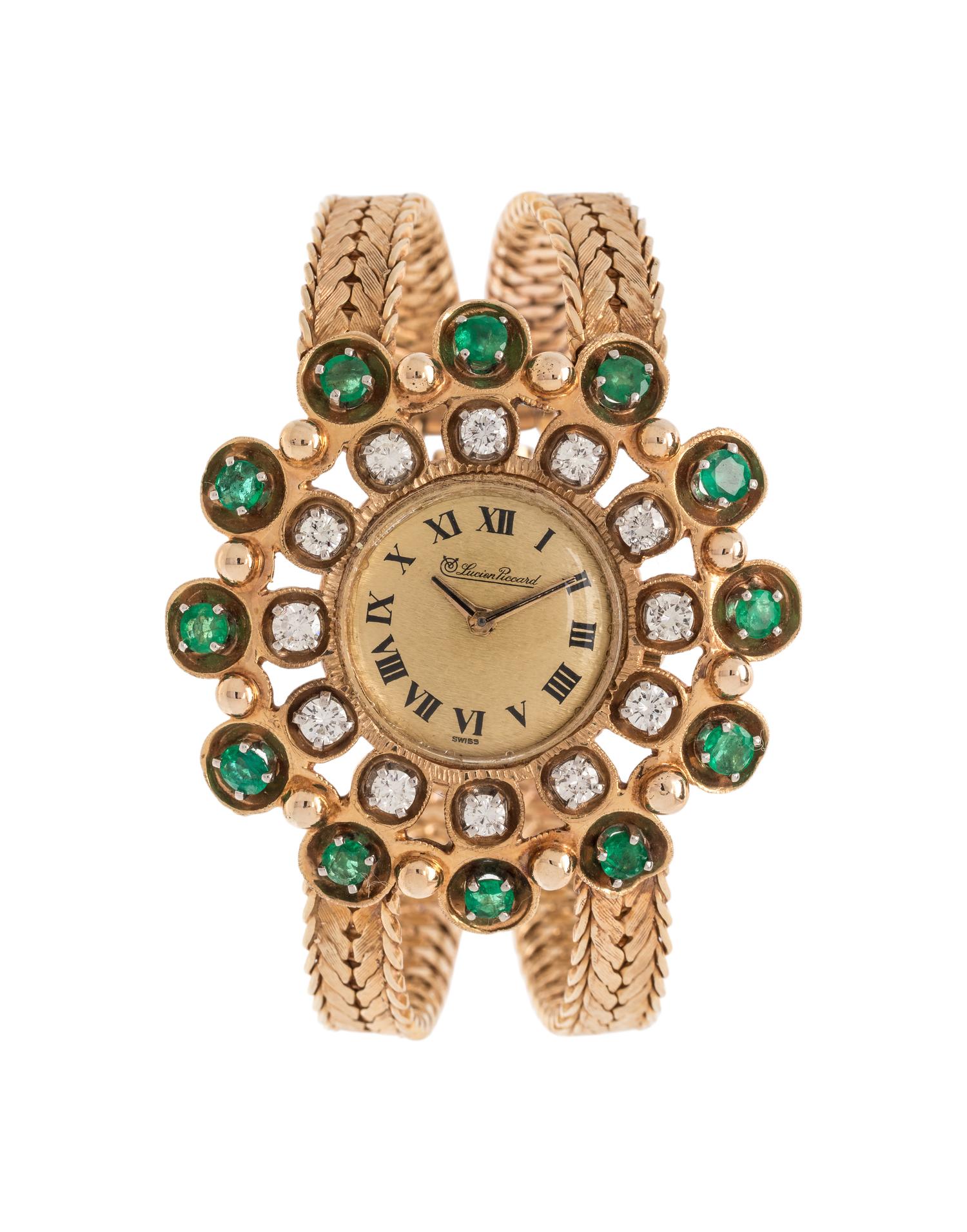 LUCIEN PICCARD, 14K YELLOW GOLD, DIAMOND AND EMERALD WRISTWATCH