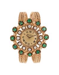 LUCIEN PICCARD, 14K YELLOW GOLD, DIAMOND AND EMERALD WRISTWATCH
