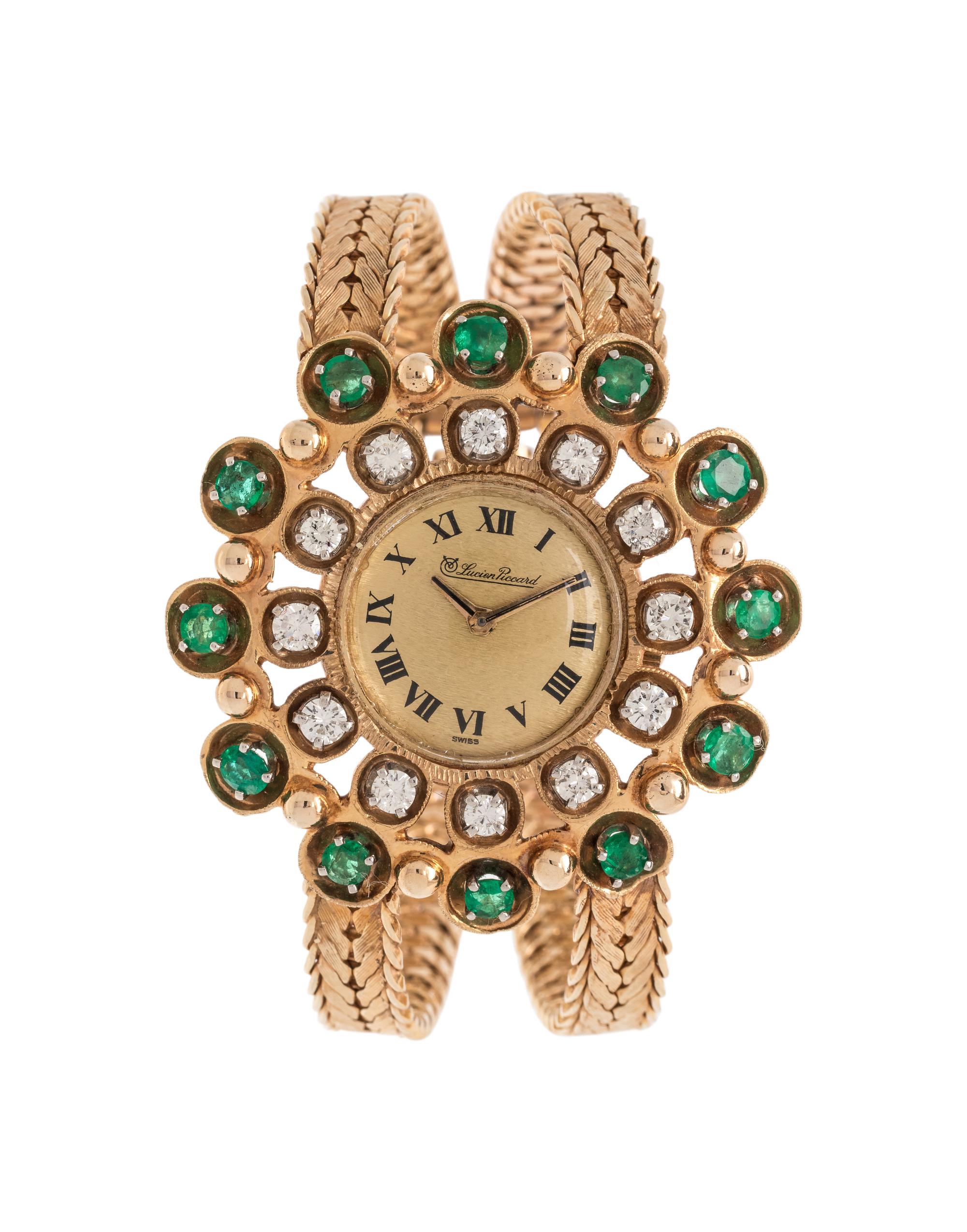 LUCIEN PICCARD, 14K YELLOW GOLD, DIAMOND AND EMERALD WRISTWATCH