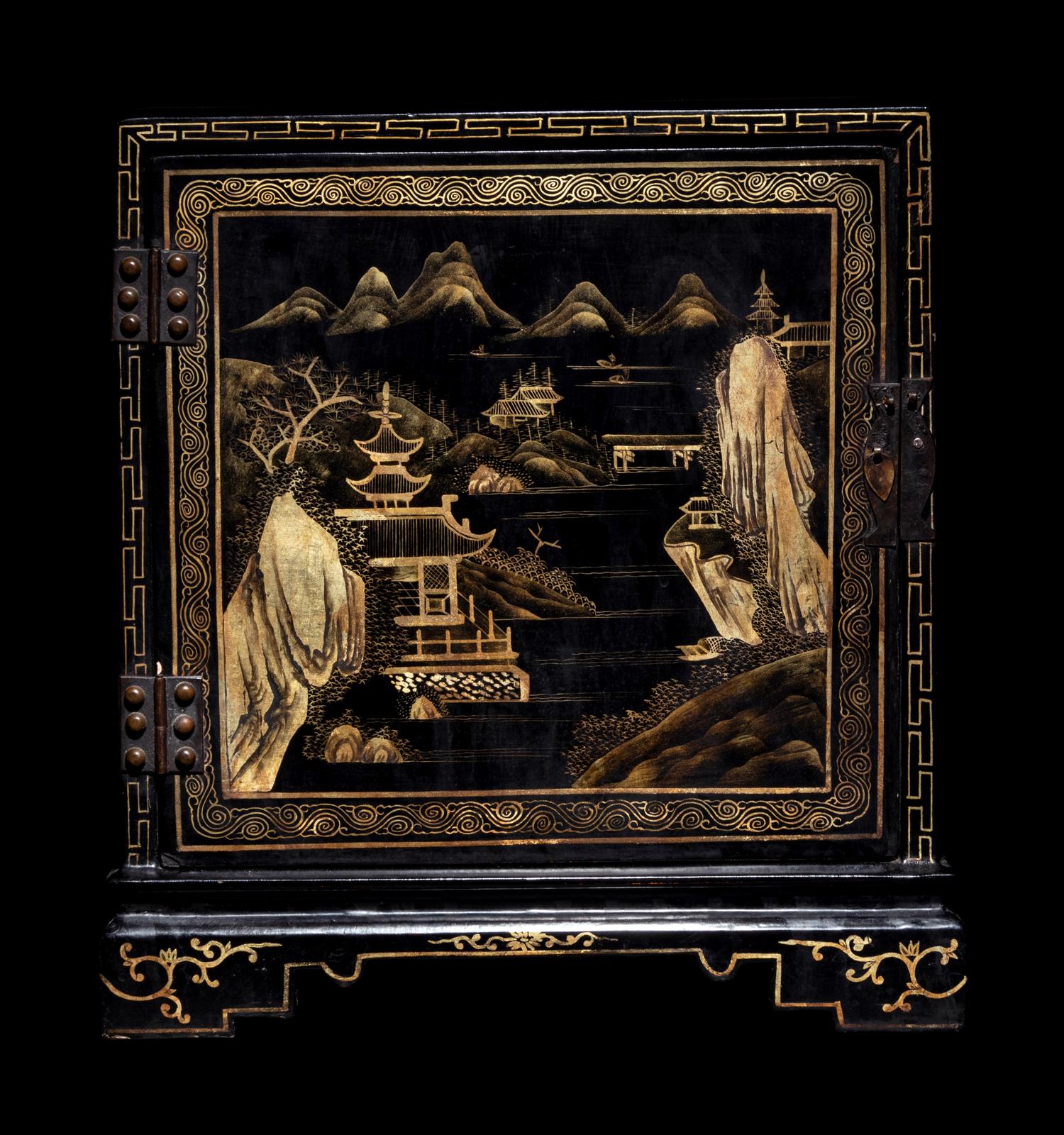 A Chinese Gilt Decorated Black Lacquered Kang Cabinet