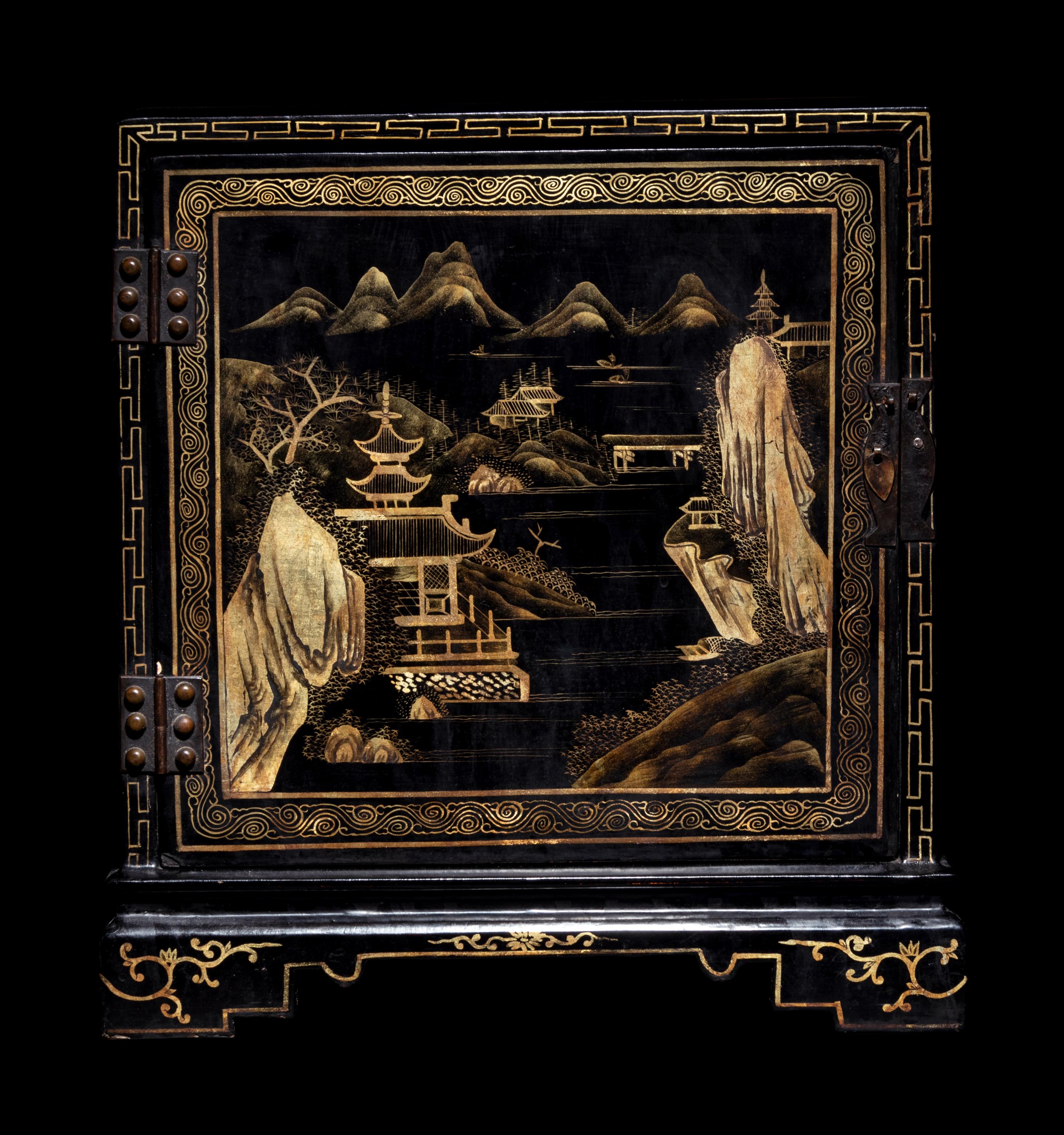 A Chinese Gilt Decorated Black Lacquered Kang Cabinet