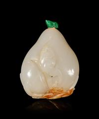 A Russet and White Jade 'Peach and Bat' Snuff Bottle