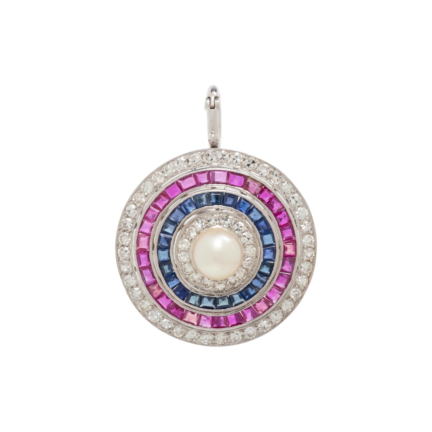 PLATINUM, DIAMOND, SAPPHIRE, RUBY, CULTURED PEARL PENDANT/BROOCH