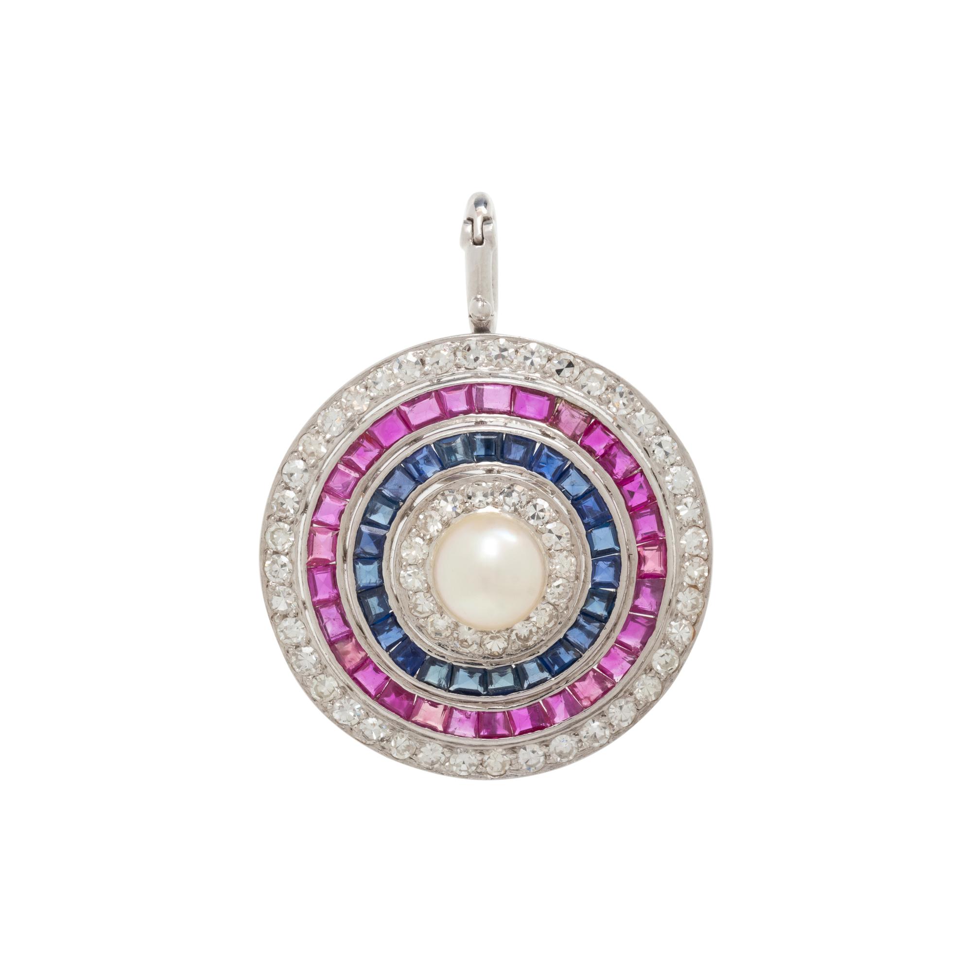 PLATINUM, DIAMOND, SAPPHIRE, RUBY, CULTURED PEARL PENDANT/BROOCH