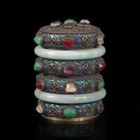 A Chinese jadeite and hardstone-embellished silver box and cover 翡翠宝石镶嵌银盖盒 20th century ????