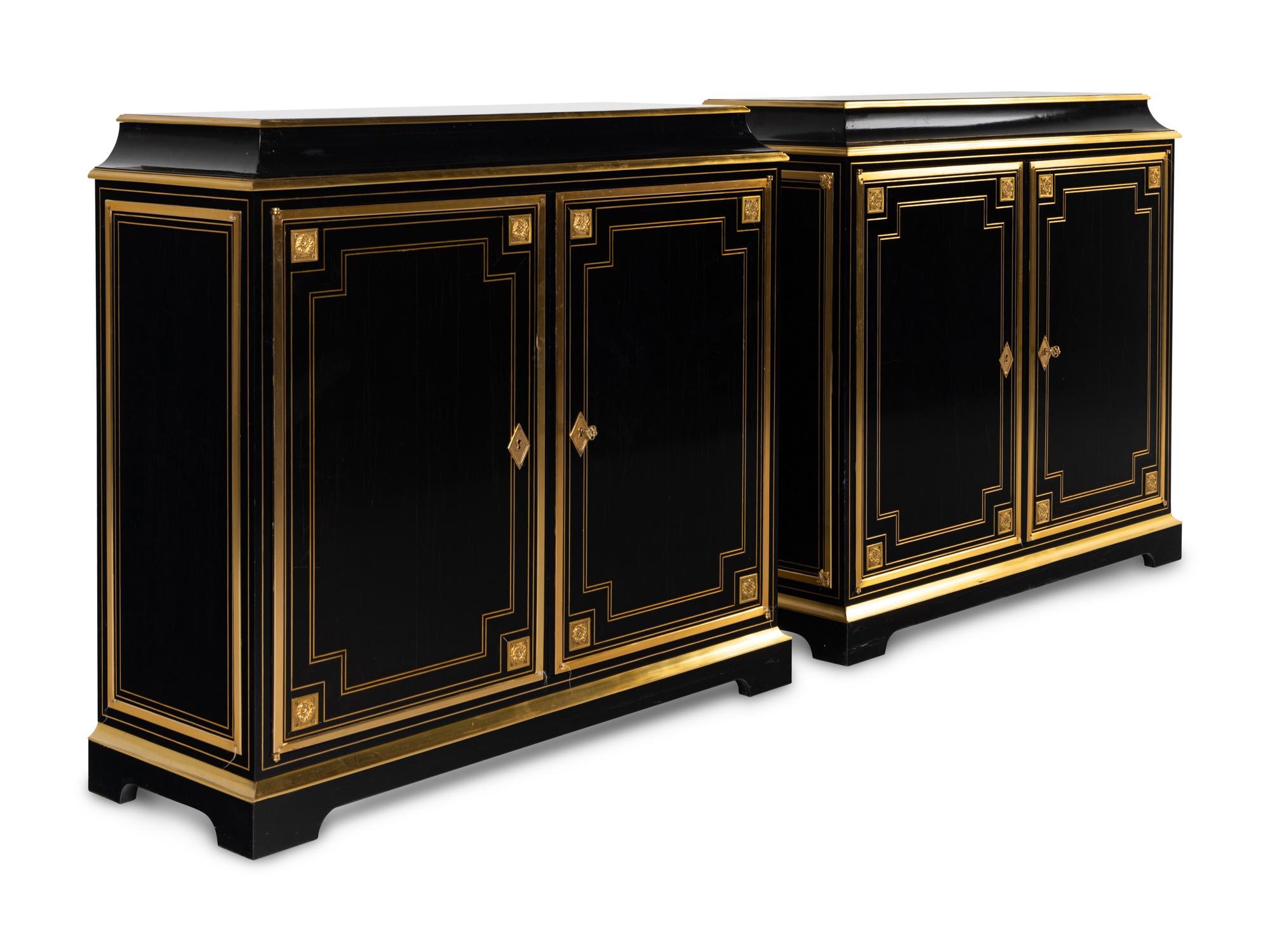 A Pair of Custom Gilt Bronze Mounted Ebonized Cabinets