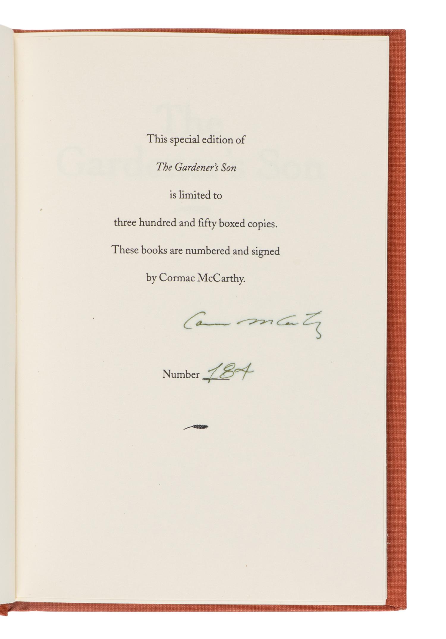 McCARTHY, Cormac (1933-2023). The Gardener's Son. Hopewell, NJ: The Ecco Press, 1996.