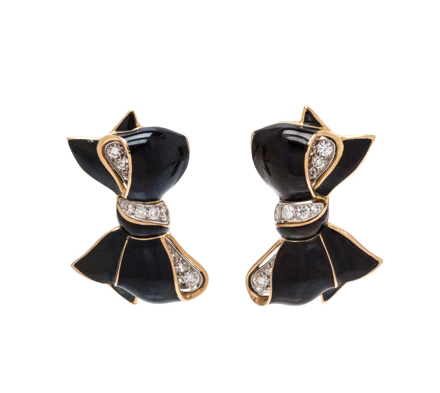 A Pair of Bicolor Gold, Diamond and Enamel Bow Earrings, Verdura,