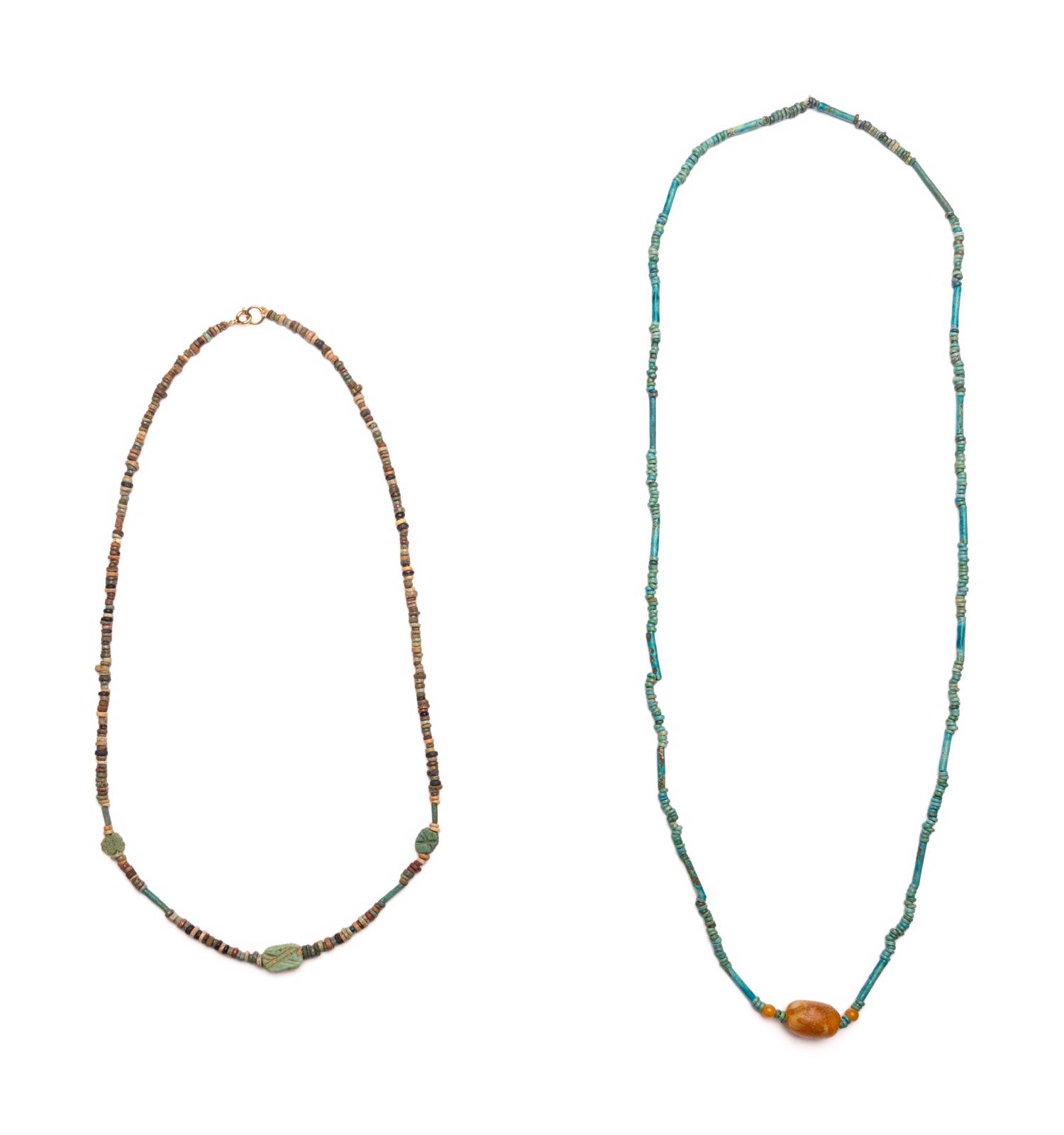 Two Egyptian Carnelian, Bead, and Faience Necklaces