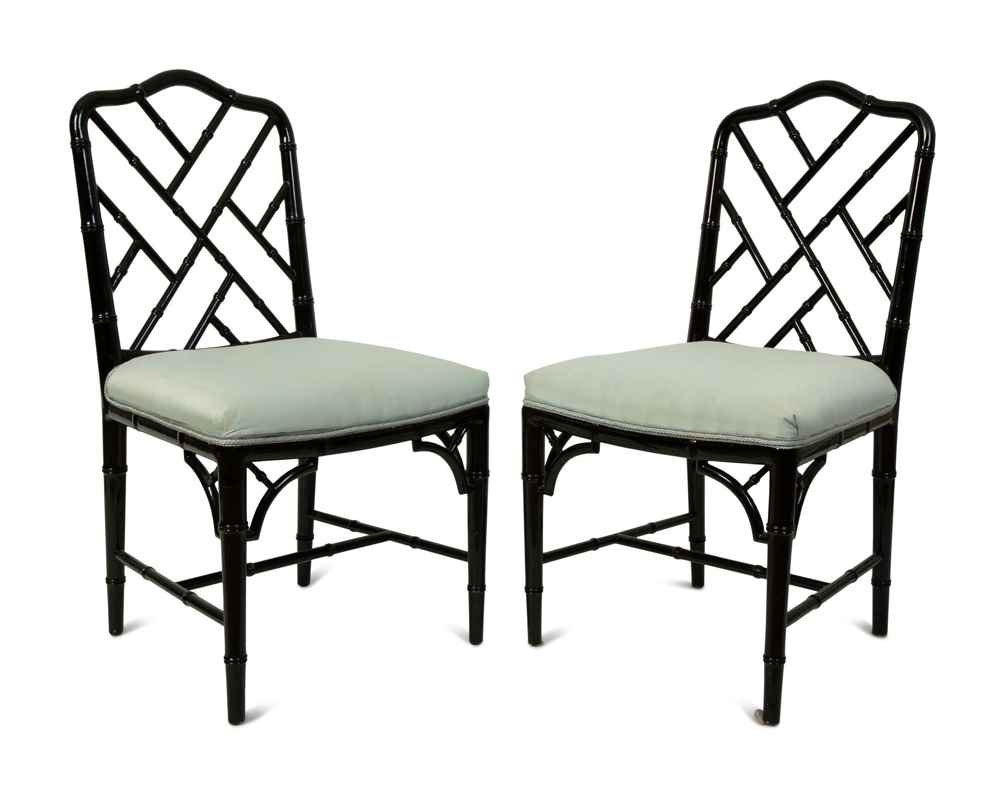 A Pair of Chinese Chippendale Style Black Lacquer Side Chairs — 20TH CENTURY
