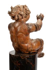 An Italian Carved Wood Figure of Bacchus on a Later Associated Faux Marble Pedestal
