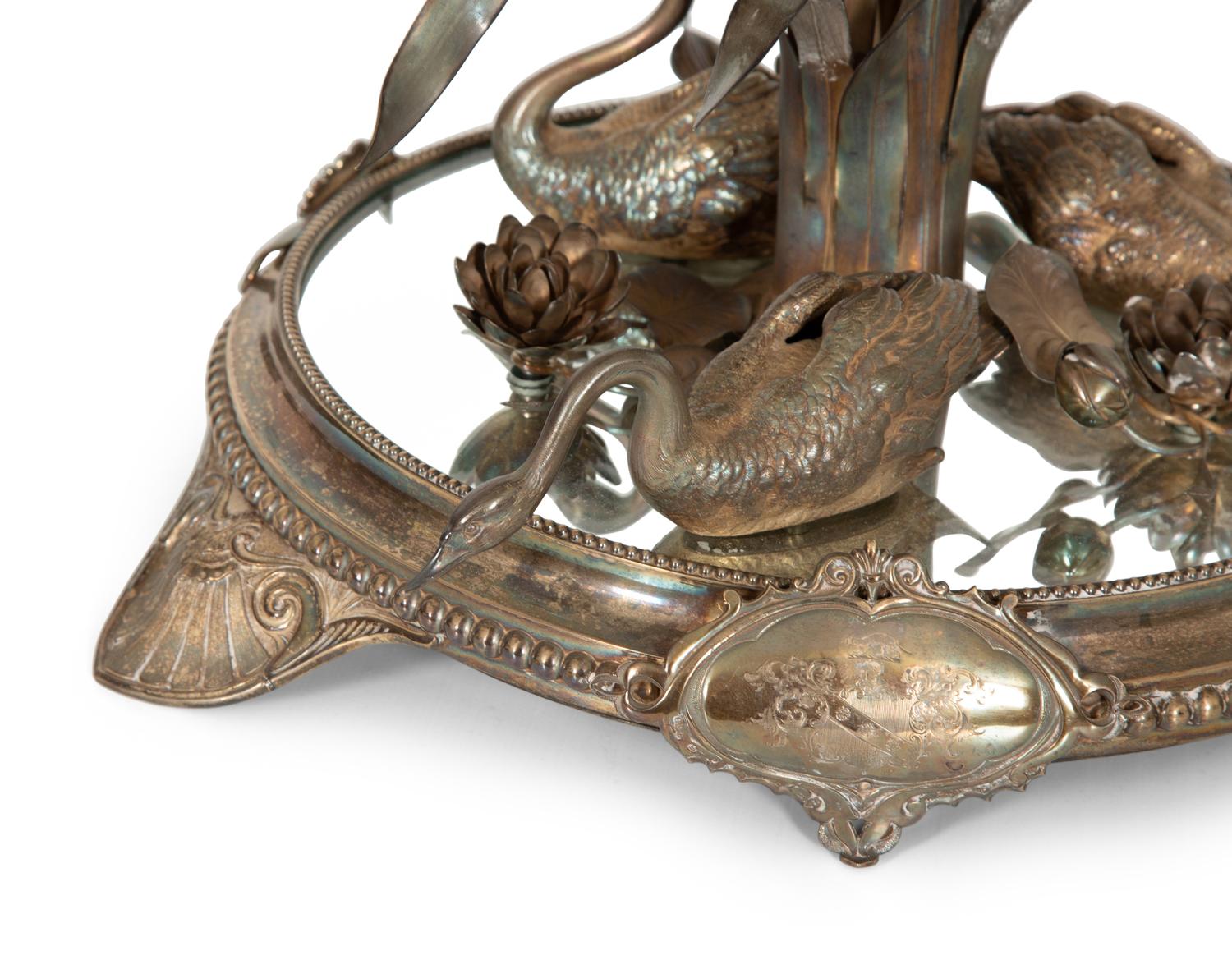 A Victorian Silver Swan-Motif Epergne and Circular Plateau