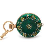 SILVER GILT AND ENAMEL OPEN FACE POCKET WATCH AND YELLOW GOLD SLIDE NECKLACE
