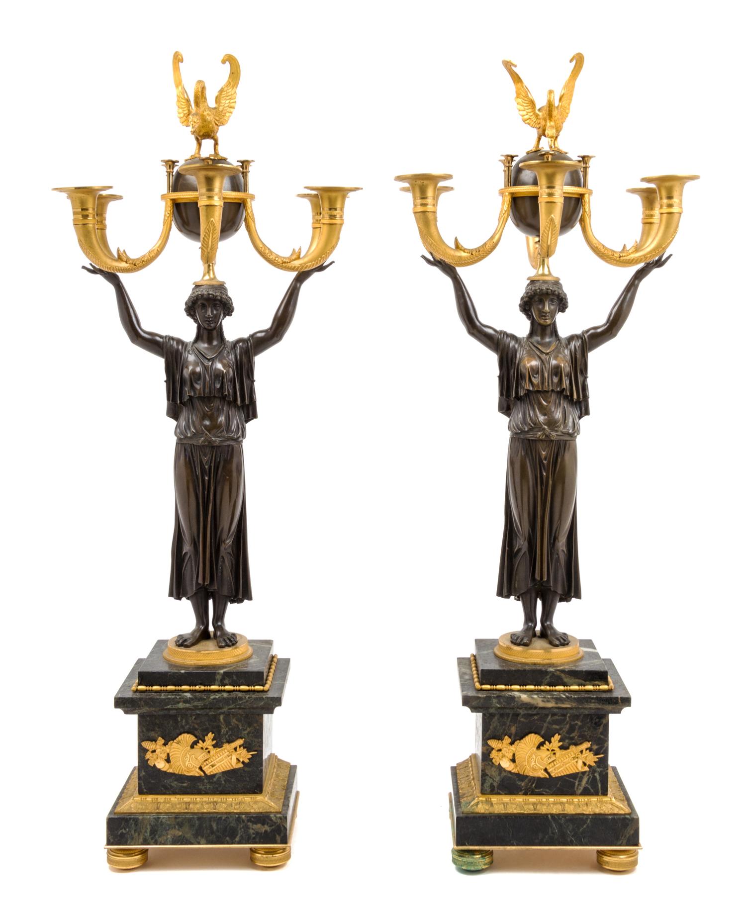 A Pair of Empire Style Gilt and Patinated Bronze and Marble Six-Light Candelabra Height 34 1/2 inches. — LATE 19TH CENTURY