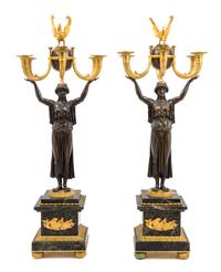 A Pair of Empire Style Gilt and Patinated Bronze and Marble Six-Light Candelabra Height 34 1/2 inches. — LATE 19TH CENTURY