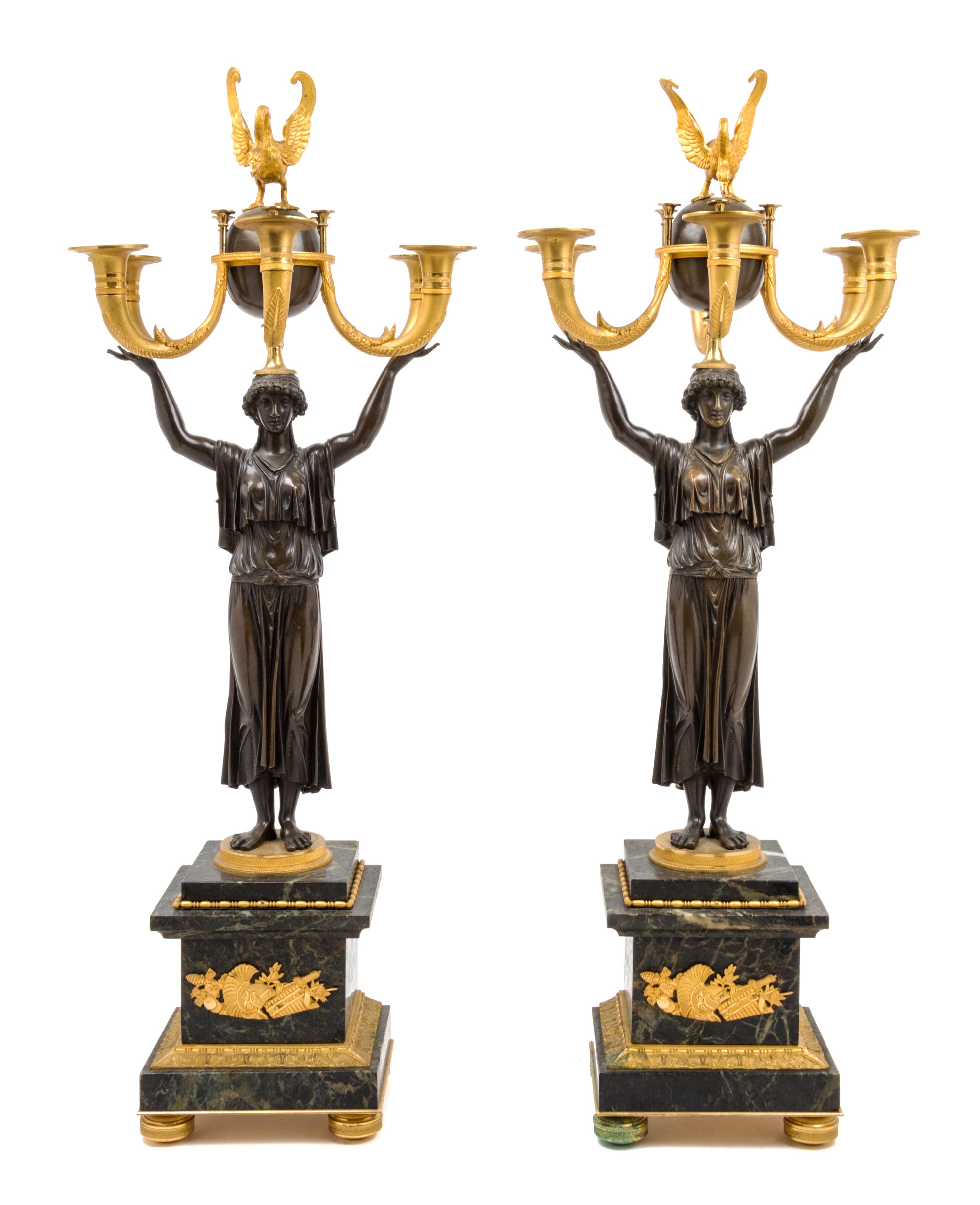 A Pair of Empire Style Gilt and Patinated Bronze and Marble Six-Light Candelabra Height 34 1/2 inches. — LATE 19TH CENTURY