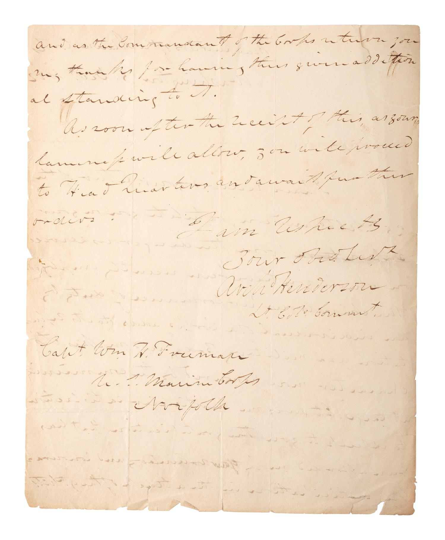 [US MARINE CORPS]. HENDERSON, Archibald (1783-1859). Autograph letter signed ("Archd Henderson Lt. Col. Commt."), regarding the bravery of Captain William H. Freeman. "Head Quarters of the Marine Corps," Washington, DC, 3 December 1822.