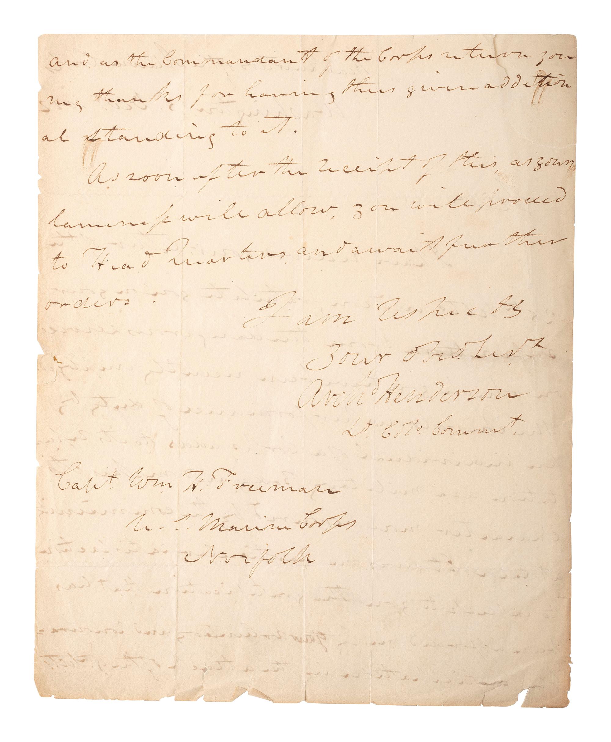 [US MARINE CORPS]. HENDERSON, Archibald (1783-1859). Autograph letter signed ("Archd Henderson Lt. Col. Commt."), regarding the bravery of Captain William H. Freeman. "Head Quarters of the Marine Corps," Washington, DC, 3 December 1822.