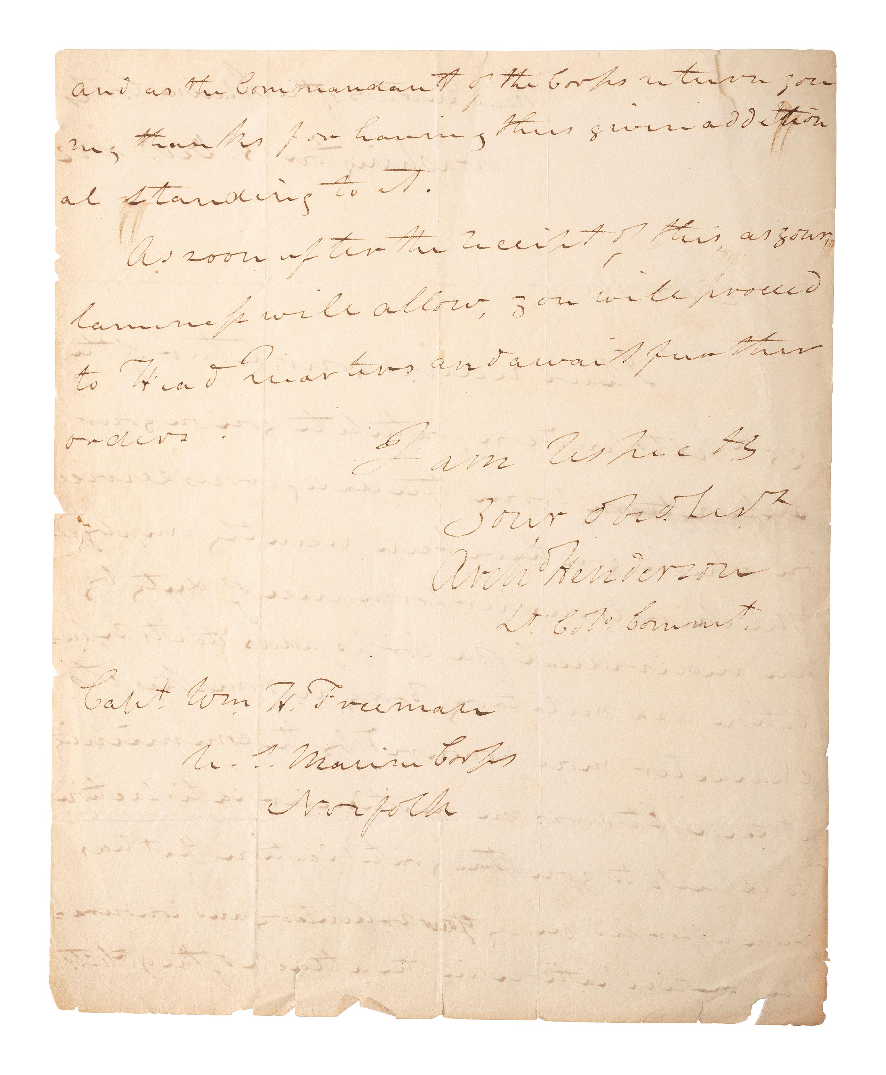 [US MARINE CORPS]. HENDERSON, Archibald (1783-1859). Autograph letter signed ("Archd Henderson Lt. Col. Commt."), regarding the bravery of Captain William H. Freeman. "Head Quarters of the Marine Corps," Washington, DC, 3 December 1822.
