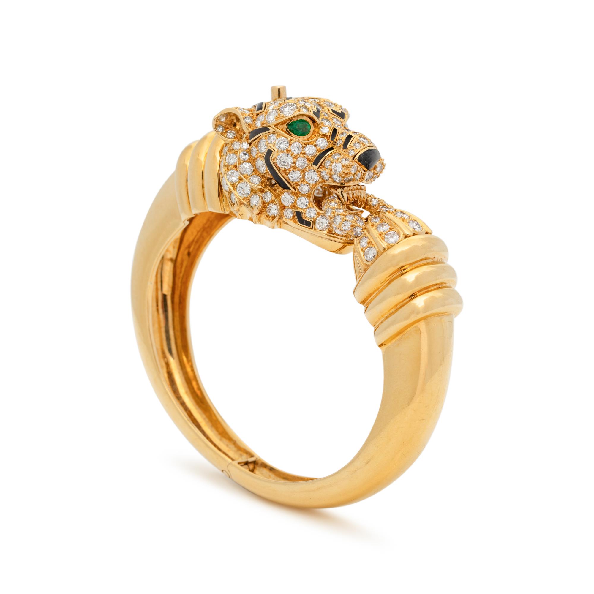 DAVID WEBB, DIAMOND, EMERALD AND ENAMEL TIGER BANGLE BRACELET