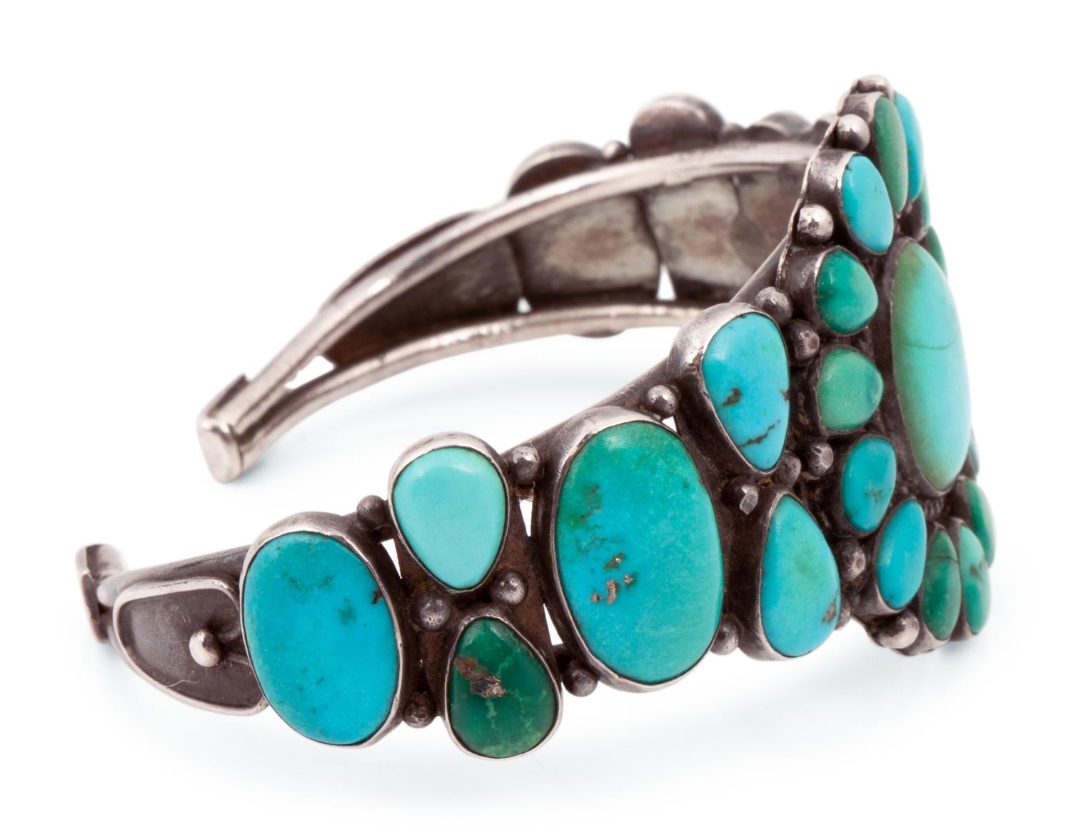 Navajo or Zuni Silver and Turquoise Cluster Cuff Bracelet and Earrings