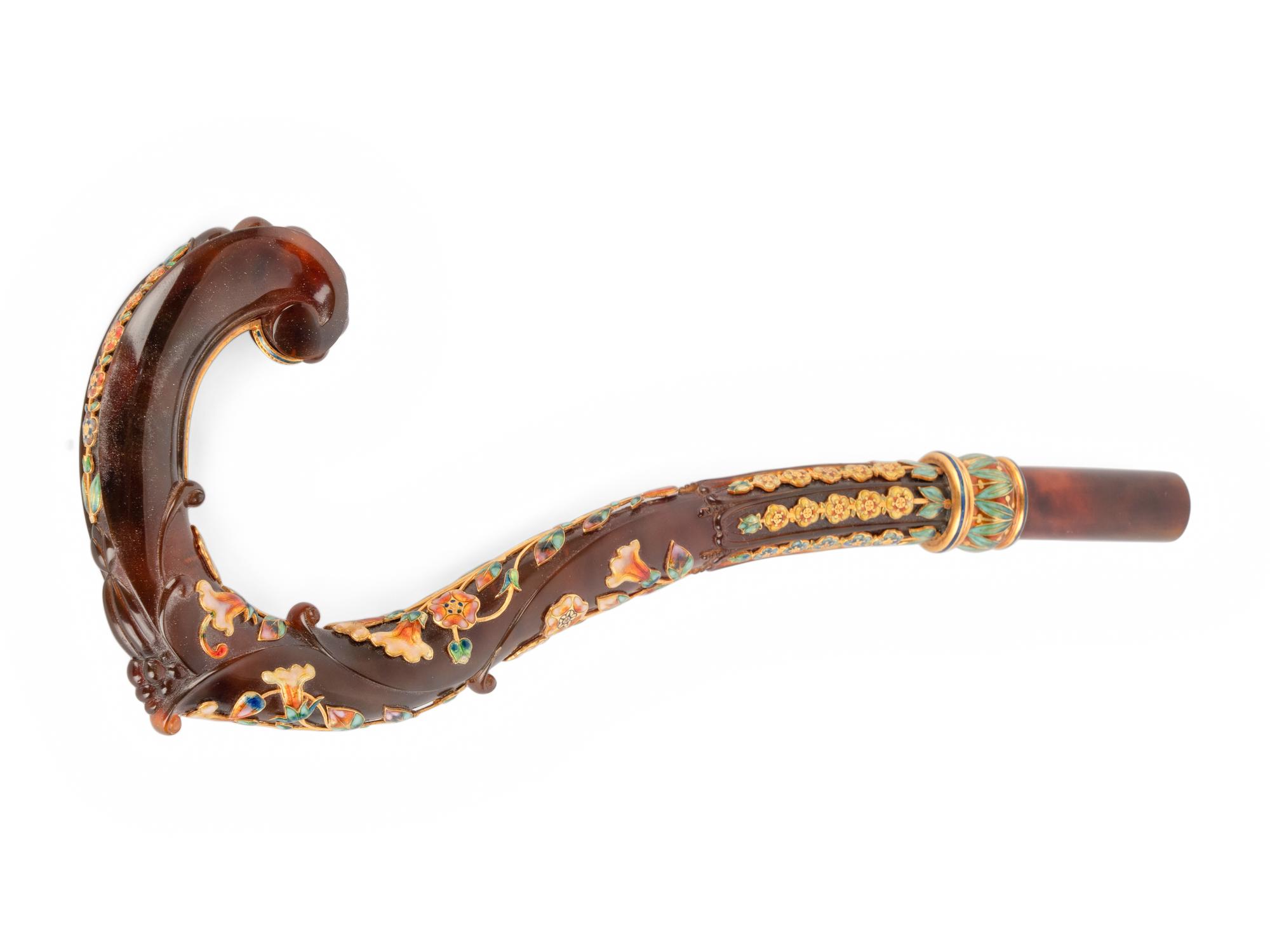 A French Gold-Mounted and Enameled Tortoise Shell Parasol Handle Retailed by Tiffany and Co.