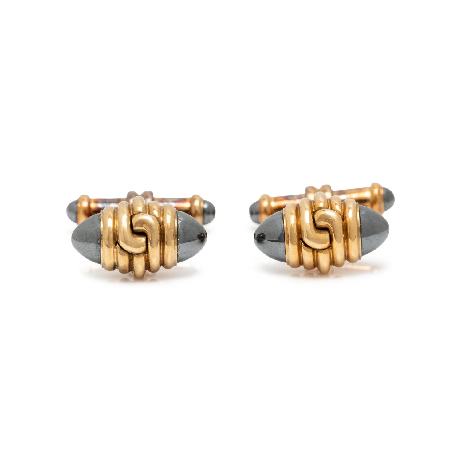BULGARI, YELLOW GOLD AND HEMATITE CUFFLINKS