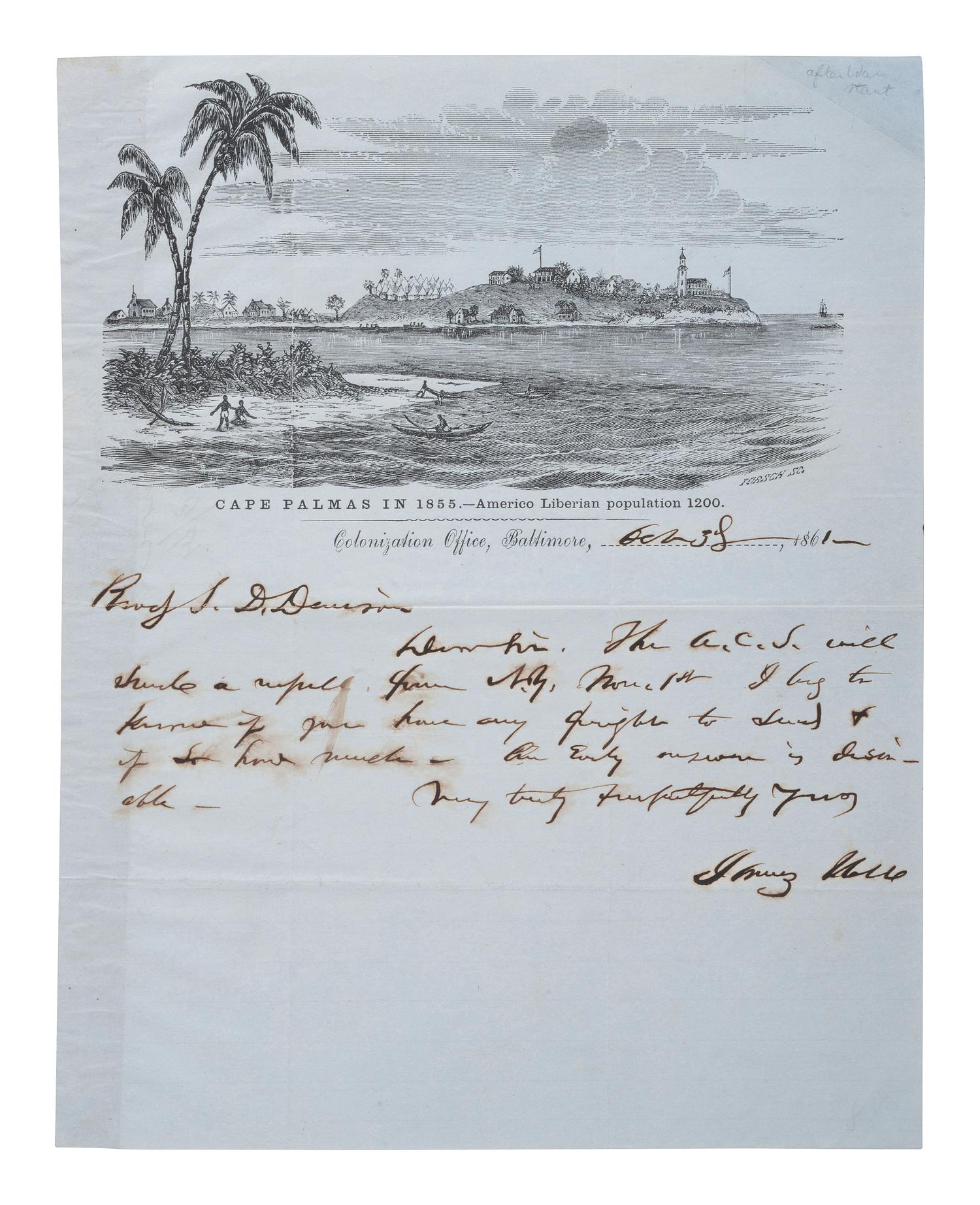 [LIBERIA] -- [CIVIL WAR]. Cape Palmas in 1855. - Americo Liberian population 1200 engraved lettersheet. Colonization Office, Baltimore, MD, 3 October 1861.