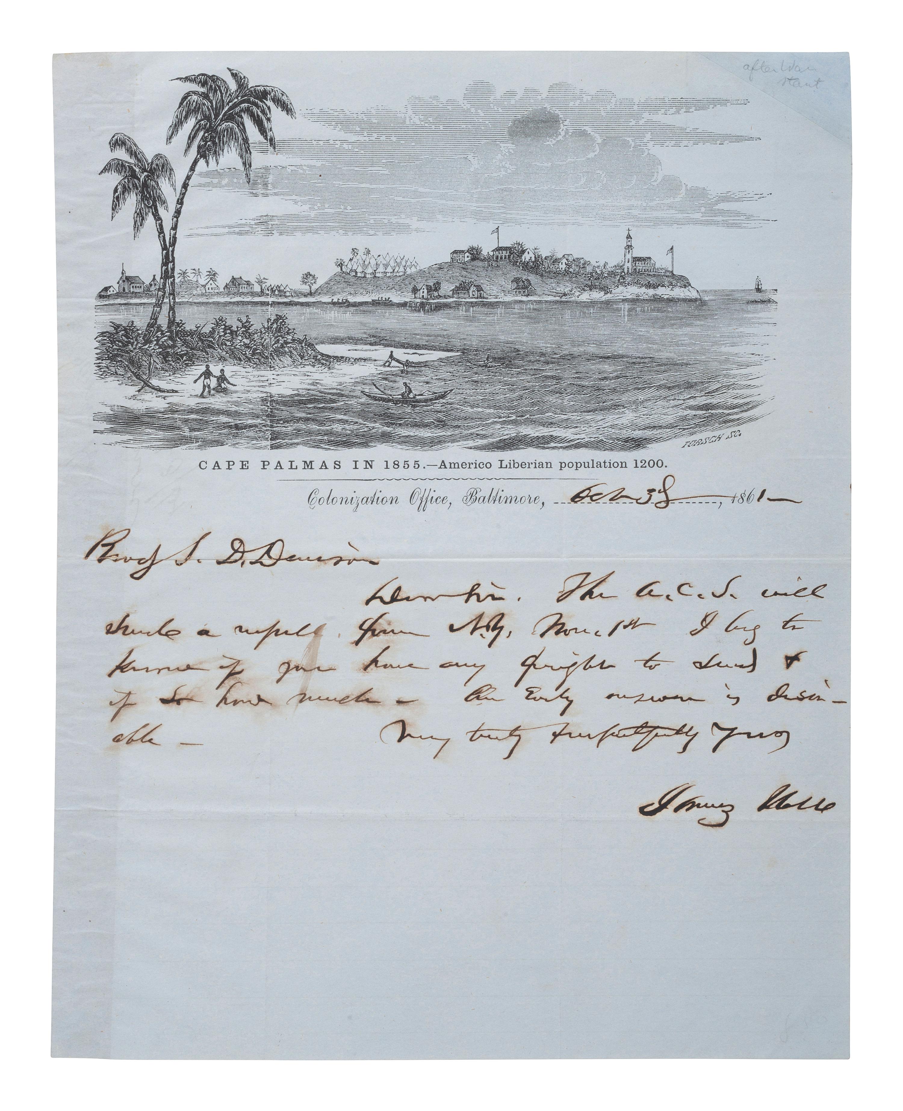 [LIBERIA] -- [CIVIL WAR]. Cape Palmas in 1855. - Americo Liberian population 1200 engraved lettersheet. Colonization Office, Baltimore, MD, 3 October 1861.