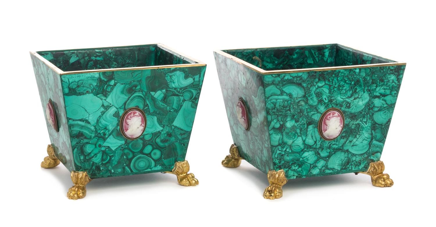 A Pair of Gilt Bronze and Cameo Mounted Malachite Jardinieres Height 6 7/8 x width 7 3/4 x depth 7 3/4 inches. — LIKELY RUSSIAN, 20TH CENTURY