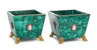 A Pair of Gilt Bronze and Cameo Mounted Malachite Jardinieres Height 6 7/8 x width 7 3/4 x depth 7 3/4 inches. — LIKELY RUSSIAN, 20TH CENTURY