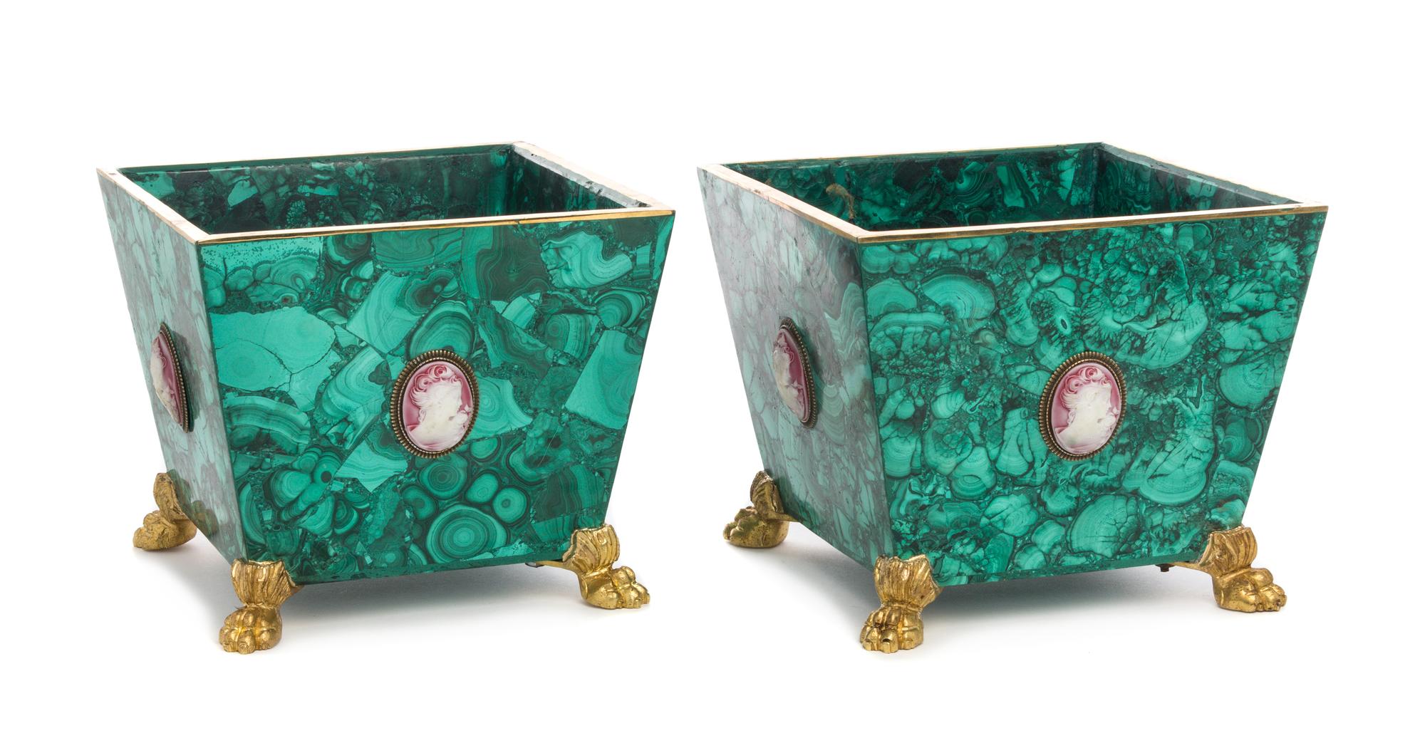A Pair of Gilt Bronze and Cameo Mounted Malachite Jardinieres Height 6 7/8 x width 7 3/4 x depth 7 3/4 inches. — LIKELY RUSSIAN, 20TH CENTURY