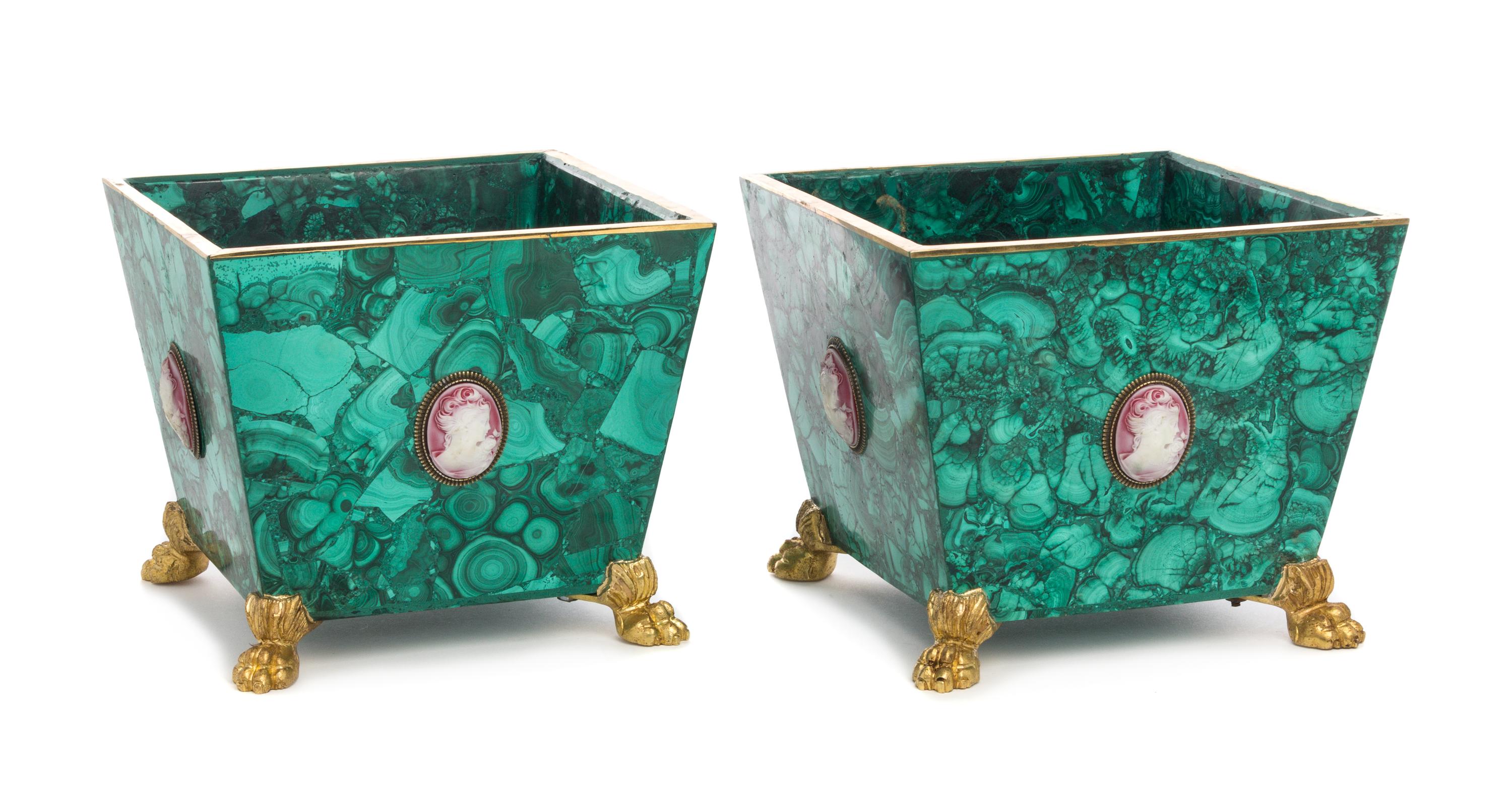 A Pair of Gilt Bronze and Cameo Mounted Malachite Jardinieres Height 6 7/8 x width 7 3/4 x depth 7 3/4 inches. — LIKELY RUSSIAN, 20TH CENTURY